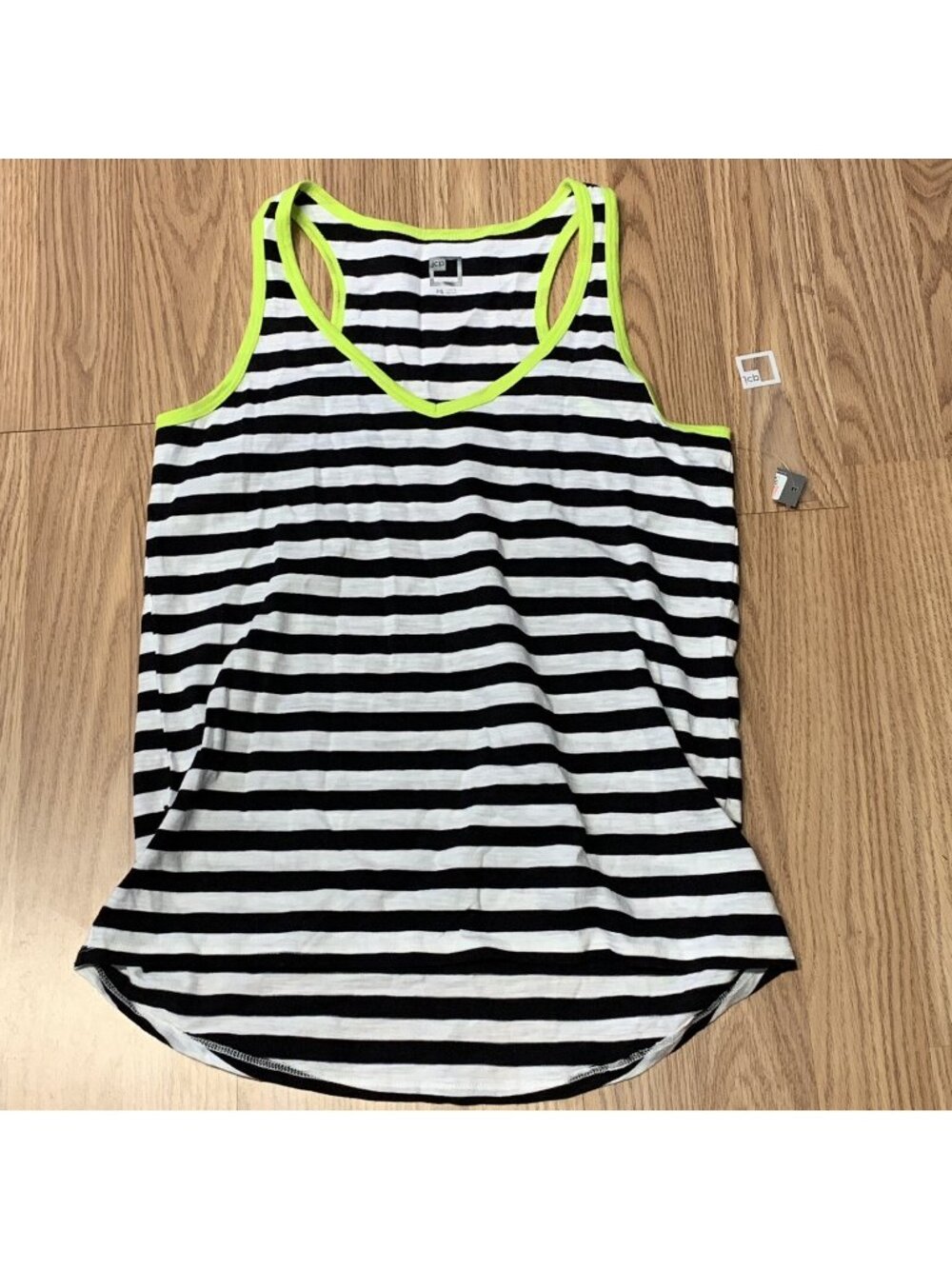NEW JCP Petite Womens Tank Top Sz PS Black White Striped Lime Green Trim Accent
